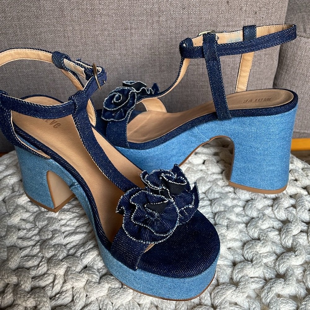 Maeve Two-Tone Denim Platform Sandals with Rosette - Picture 14 of 16